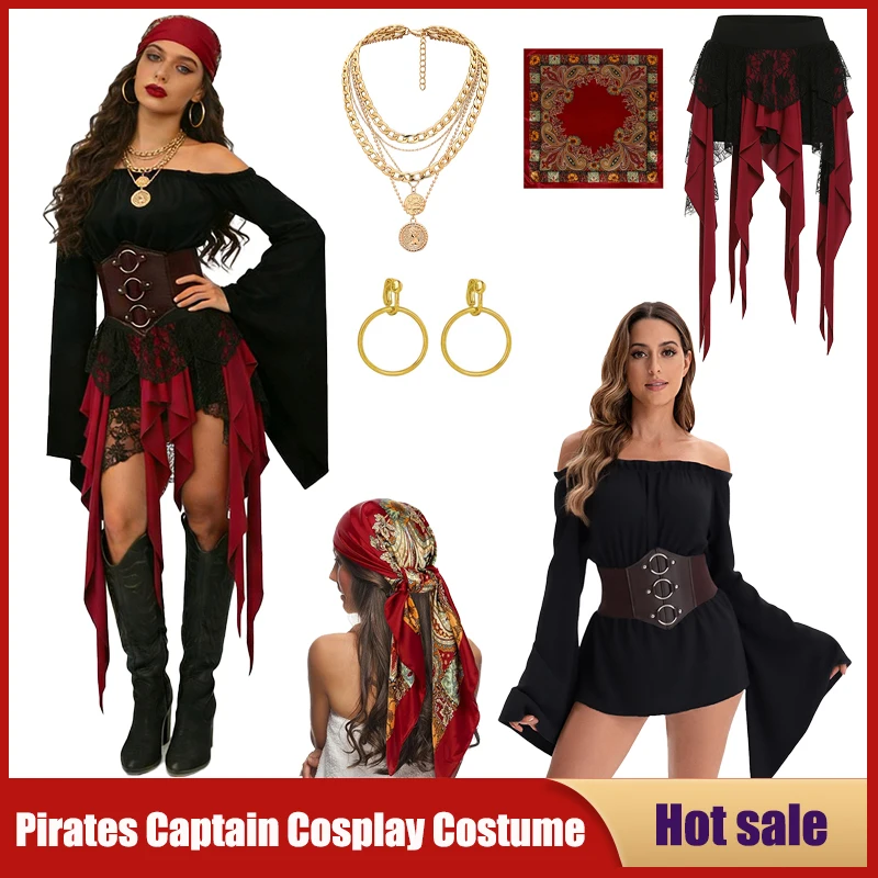    Costume de cosplay de capitaine pirate médiévale, rétro, pour femme, pour Halloween, spectacle, fête, jeu de rôle, déguisement gothique de pirate.