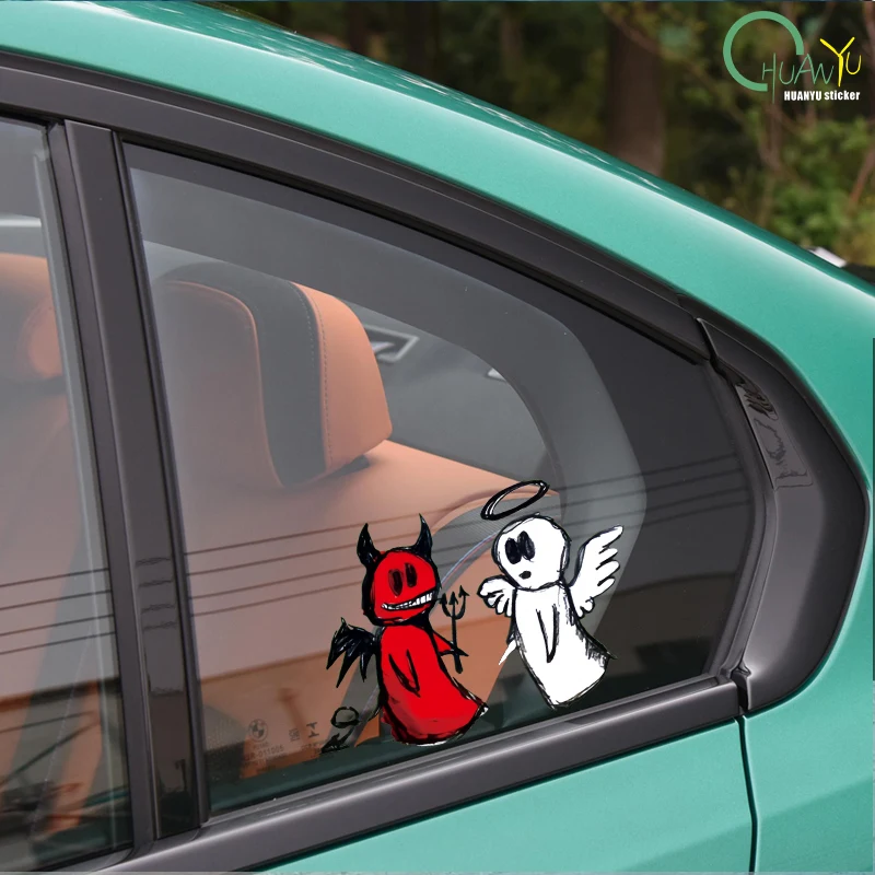 Hollow car stickers with angel and demon hand drawn style cartoon car motorcycle electric vehicle waterproof stickers