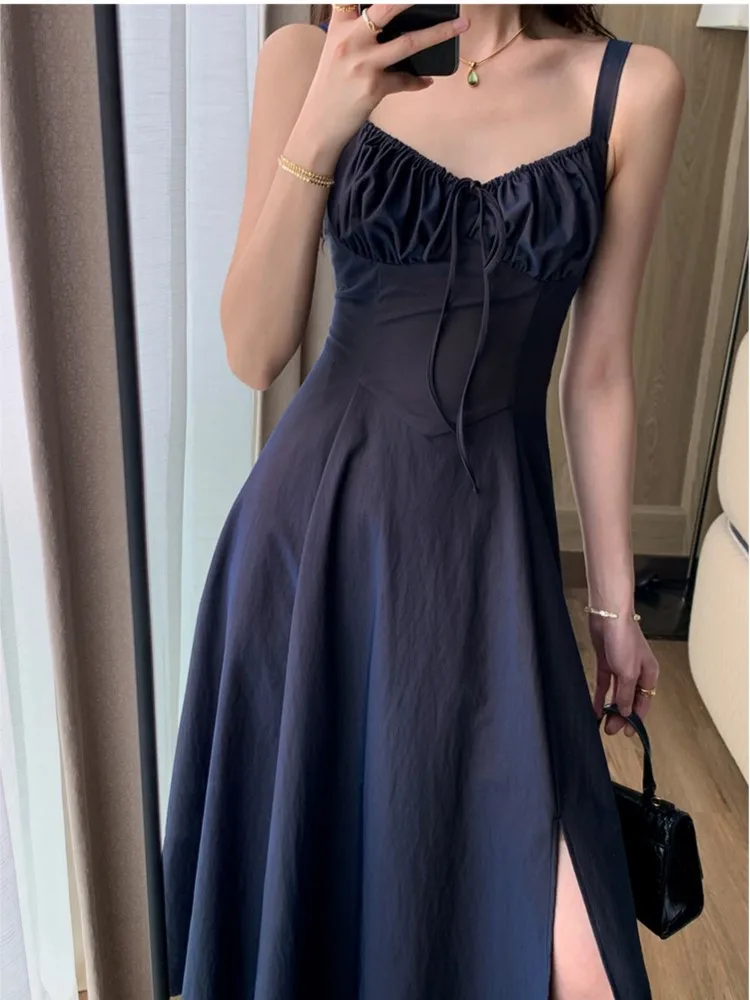 

Elegant Sleeveless A Line Midi Dress Summer New Women Sexy Strap Lace Up Holiday Party Vestidos Female One Piece Clothing
