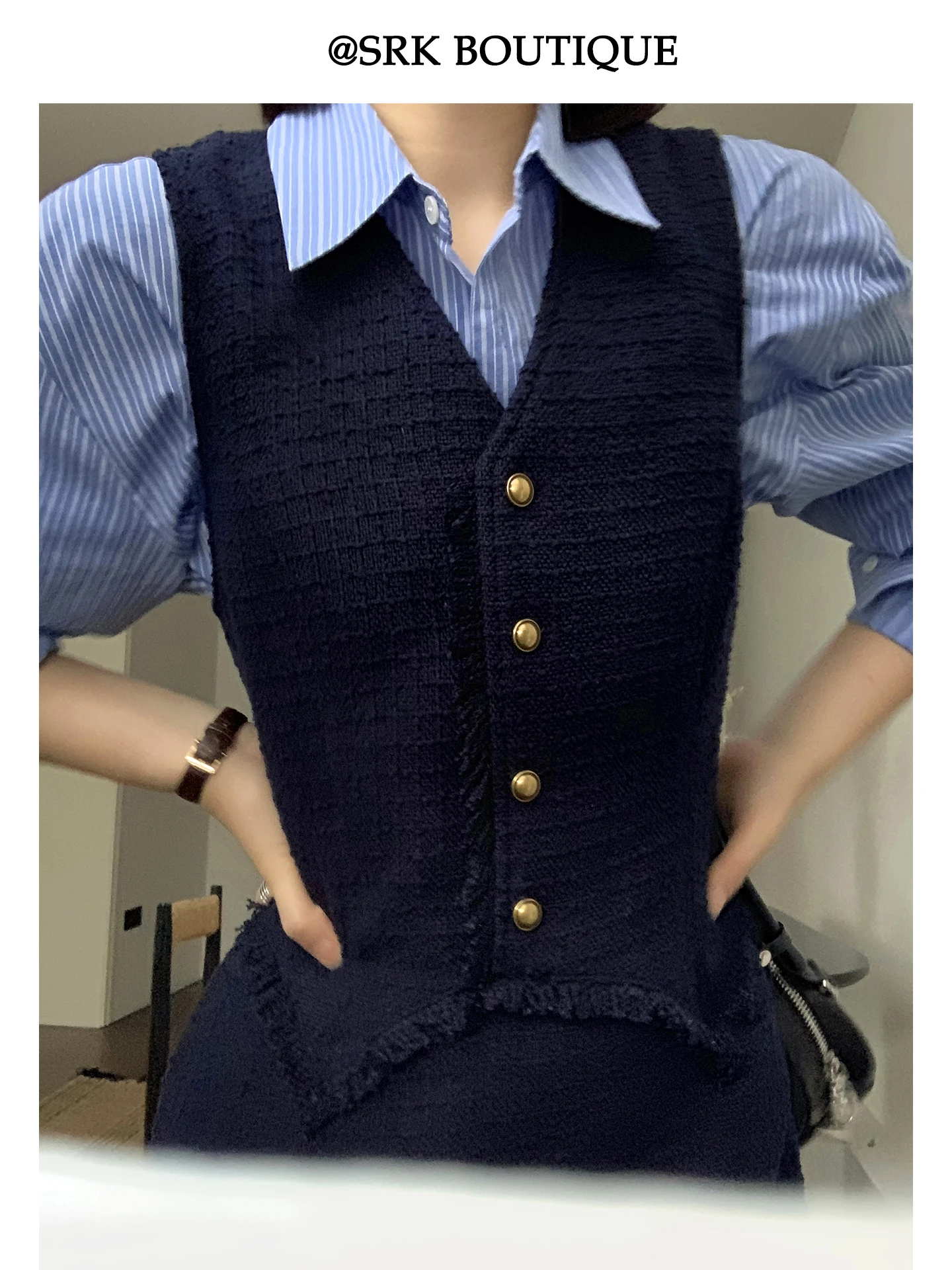 

SRK Свободный полосатый топ Long Sve Blue для женщин, повседневная одежда, эффективность похудения, осенне-зимний многослойный топ