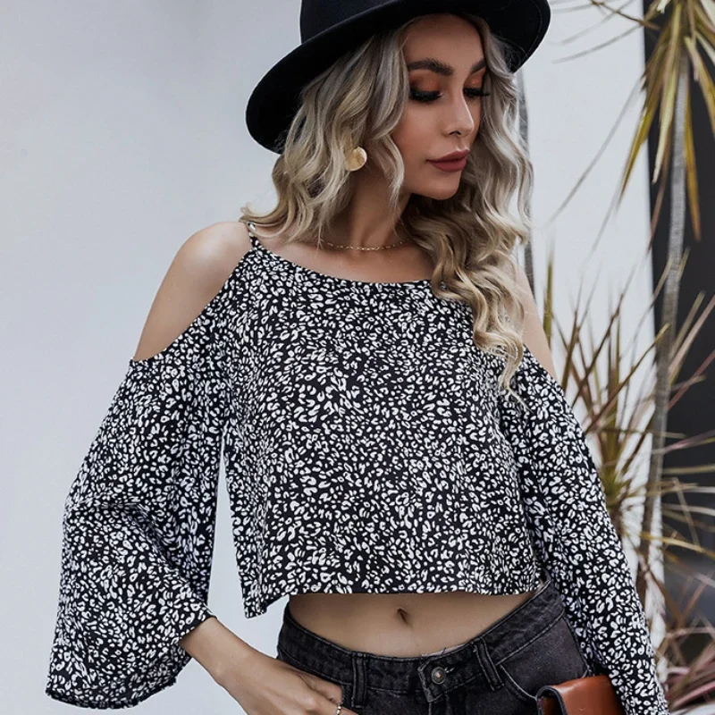 

Sexy Street Women Tops Long Sleeve Flared Sleeves Round Neck Hollow Slim Printed Comfortable Female Summer Trendy Regular Blouse
