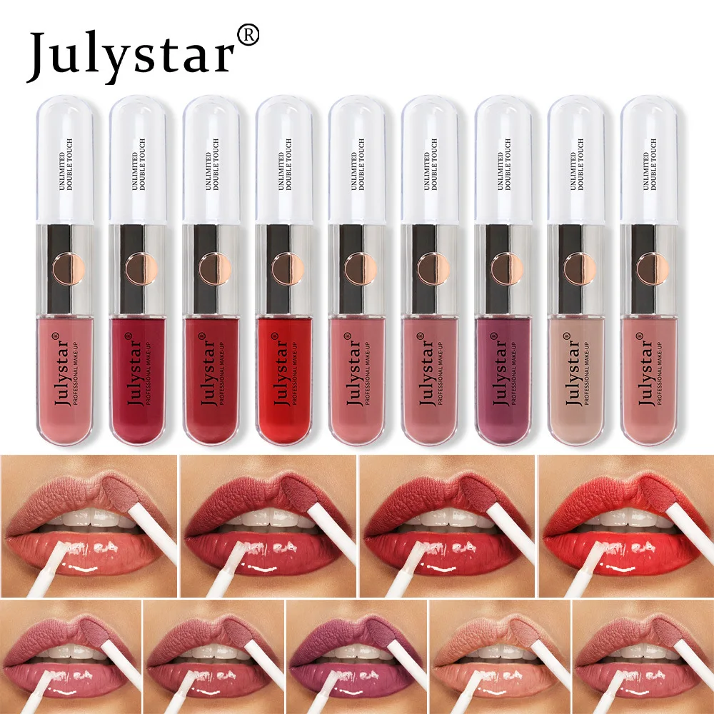 Julystar Waterdichte Lippenstift Tweekoppige Lip Glazuur Blijvende Geen Vervagende Spiegel Lipgloss Vrouwelijke Cosmetische Lip Make-Up Dagelijkse Make-Up