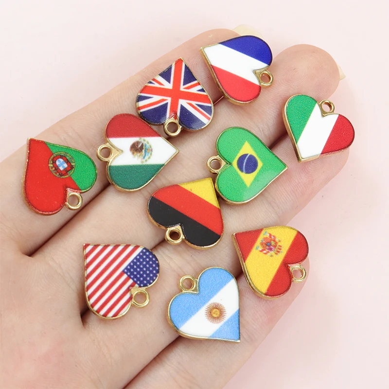 10pcs National Flag Pattern Heart Enamel Charms Jewelry DIY for Independence Day or Any Holiday Necklace Keychain Alloy Pendants