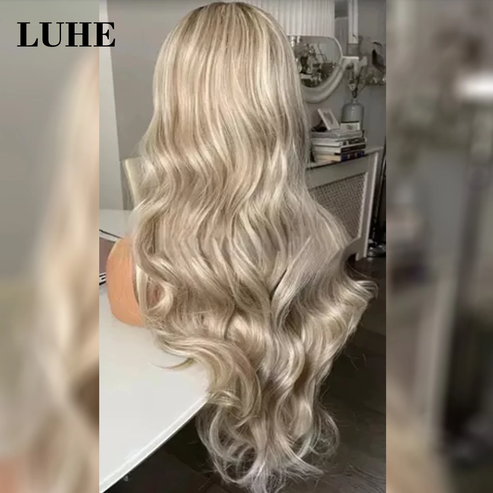 Perruque Lace Frontal Wig synthétique ondulée naturelle, cheveux ombrés blond cendré à reflets 13x3, racines brunes, usage quotidien pour femmes