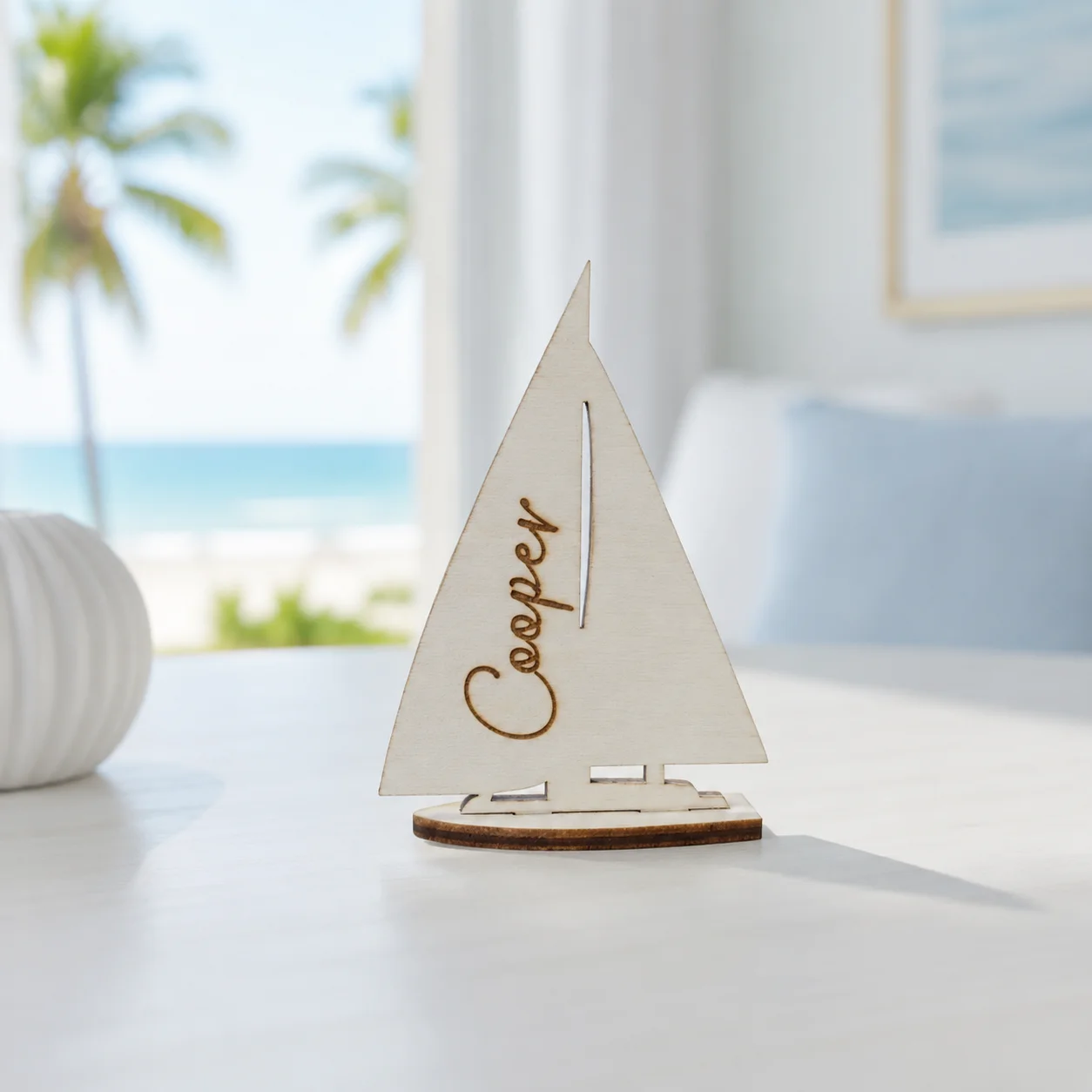 Custom Sailboat Shaped Wooden Name Plaque Nautical, Freestanding Tabletop Decor, Coastal Boys Nursery Ornament, Baby Shower Gift