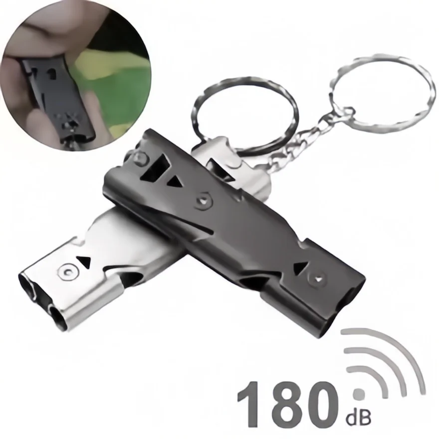 Llavero con silbato de supervivencia: alto decibelio, silbato de emergencia para exteriores, camping y senderismo, diseño de doble tubo, alarma de seguridad portátil