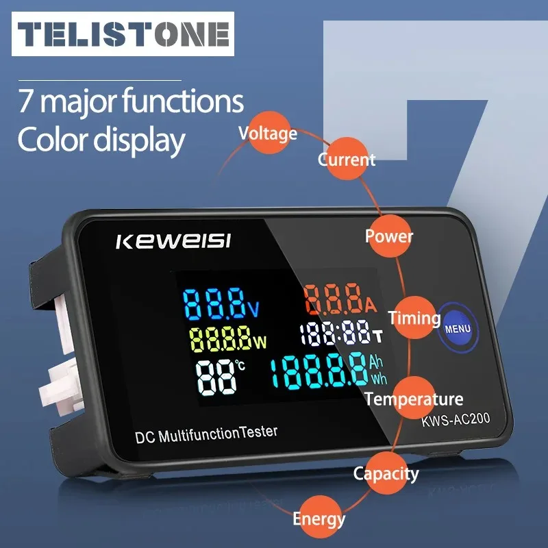 デジタル電圧計KWS-DC200,電力計,LEDカラーディスプレイ,ワットメーター,7つの機能,0〜200v,電圧0〜10 a,50 a,100a