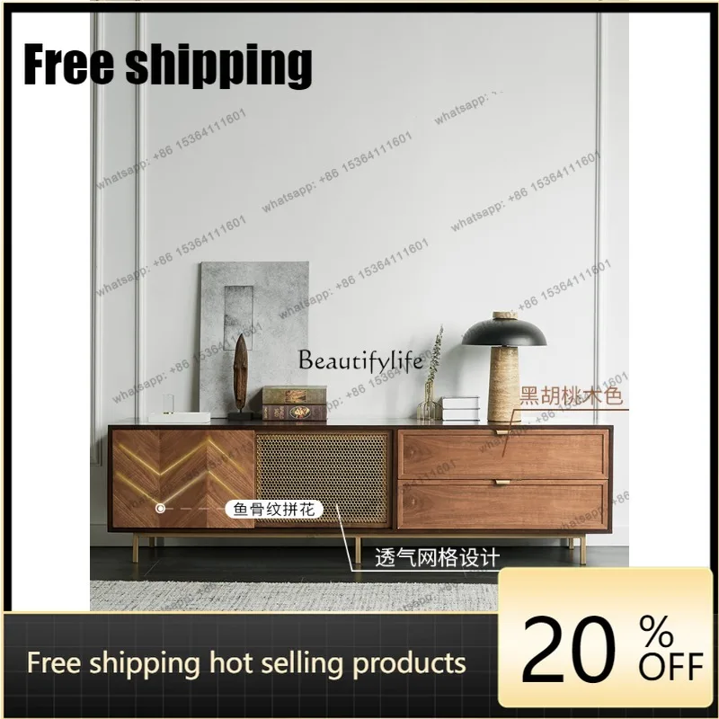 jj5 Vintage Copper Mesh Living Room Simple Household Light Luxury Solid Wood TV Stand