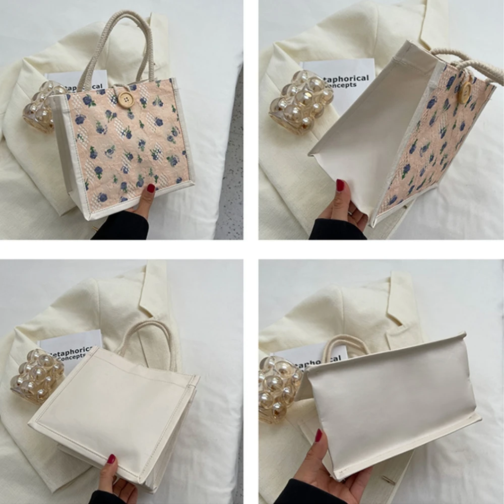 Korean Lace Embroidery Canvas Bag Mini Linen Tote Bag Women Cute Flower Printing Grocery Bag Vintage Button Camping Storage Bag