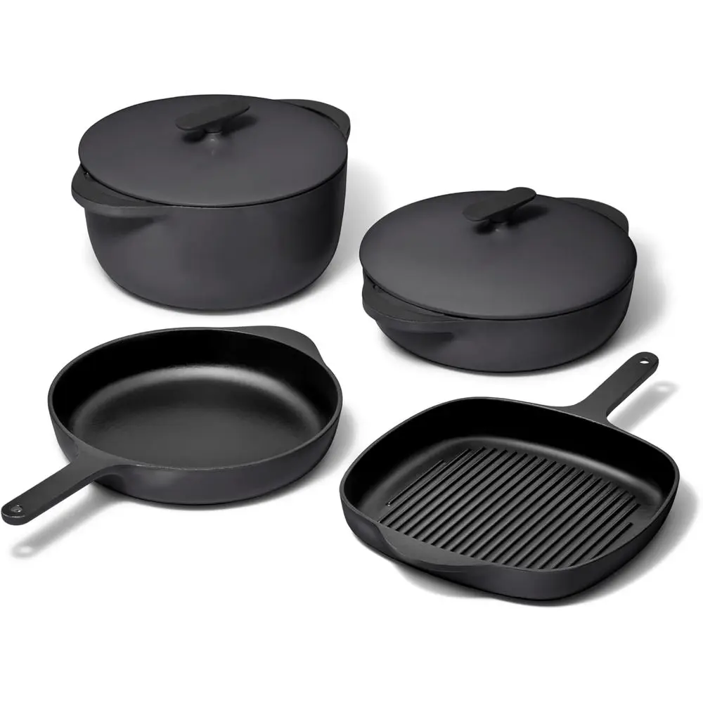 Juego de utensilios de cocina de hierro fundido esmaltado de 8 piezas: Sartén de 10.5 pulgadas, sartén grill, cacerola de 3.5 litros, horno holandés de 6.5 litros con tapas y organizadores - N
