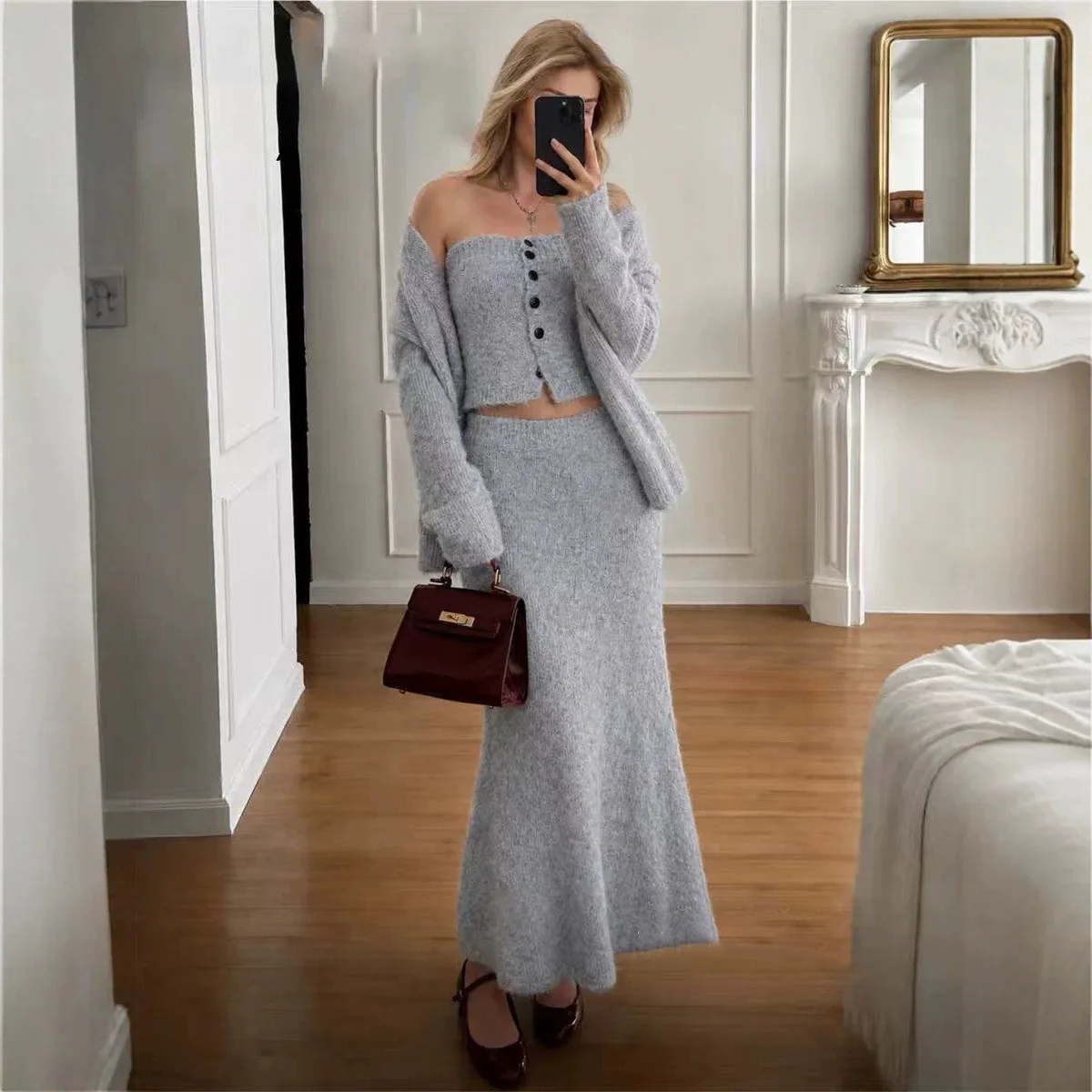 Autumn Winter French Elegant Knitted Three Piece Set Women V-neck Long Sleeve Sweater Coat + Strapless Tops And High Waist Skirt
