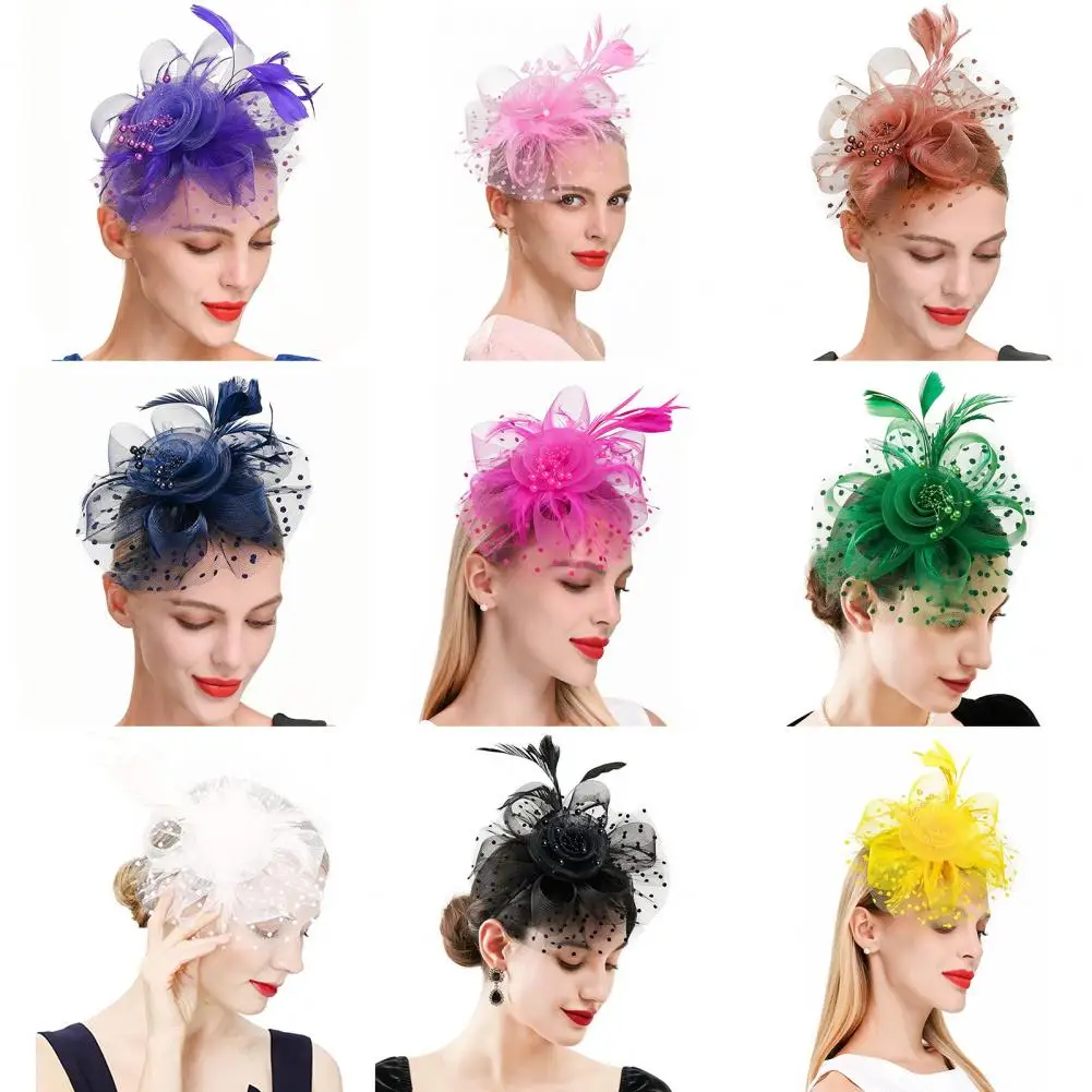 

Fascinator Hat for Women Tea Party Headband Wedding Cocktail Mesh Flower Feathers Hair Clip Party Headwear Retro Headband