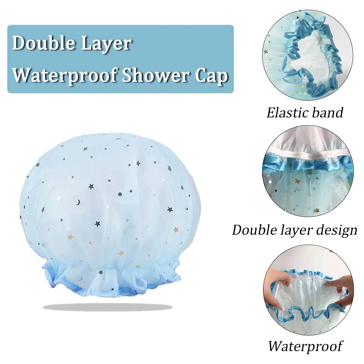 Simple And Stylish Star Double Layered Hair Shower Cap Waterproof And Reusable Shower Cap Cute Headband