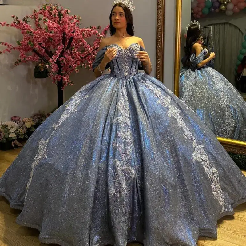 

Princess Quinceanera Dresses Ball Gown Off The Shoulder 3D Floral Lace Tull Corset Sweet 15 Vestidos De XV Años