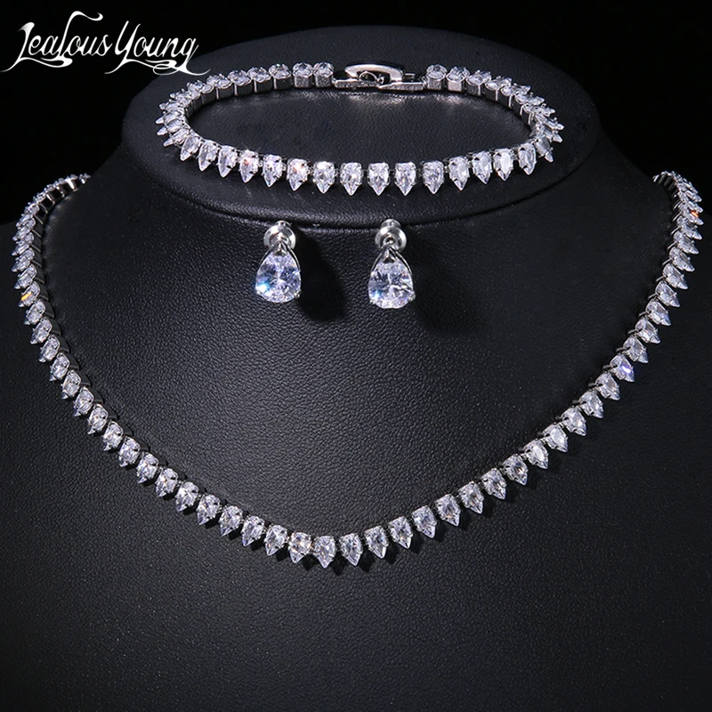 3 Pcs Luxury Silver Color Cubic Zirconia Jewelry Set for Women Party Wedding Bridal Costume Accessories Gift