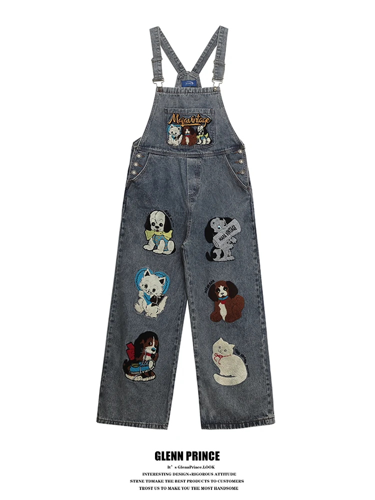 

Джинсовые комбинезоны GPstudio American Sle с мультяшной вышивкой, мужские свободные милые цельные брюки, дышащие прямые джинсы