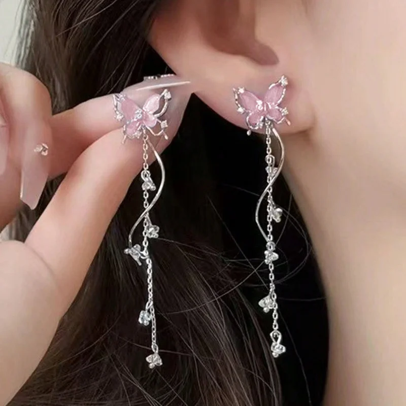 2 piezas exquisita mariposa moda dulce aleación de Zirconia Color rosa Color plata pendientes largos con borlas
