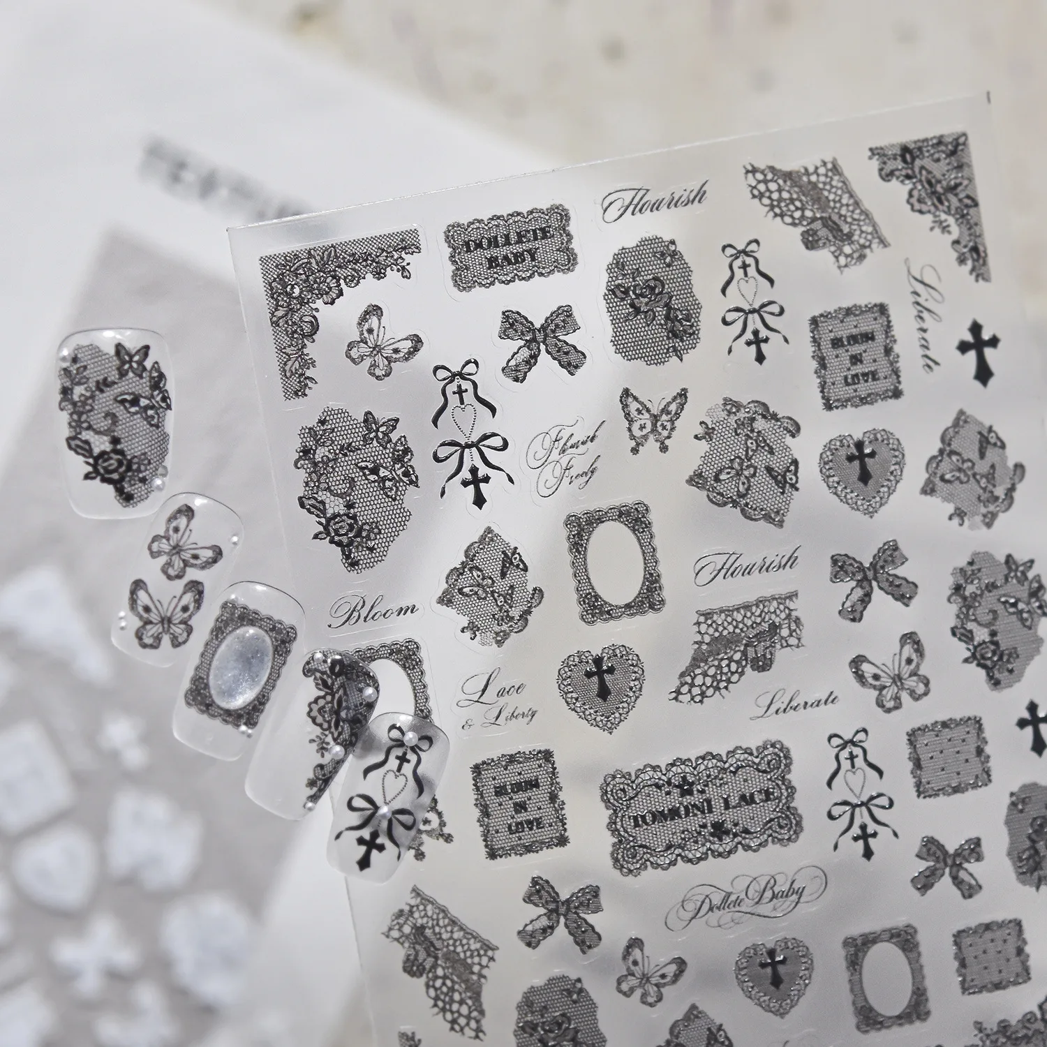 3D Balck White Lace Nail Stickers Gauze Square Oval Frame Butterfly Bowknot Flower Blossom Love Self Adhesive Nail Art Sticker
