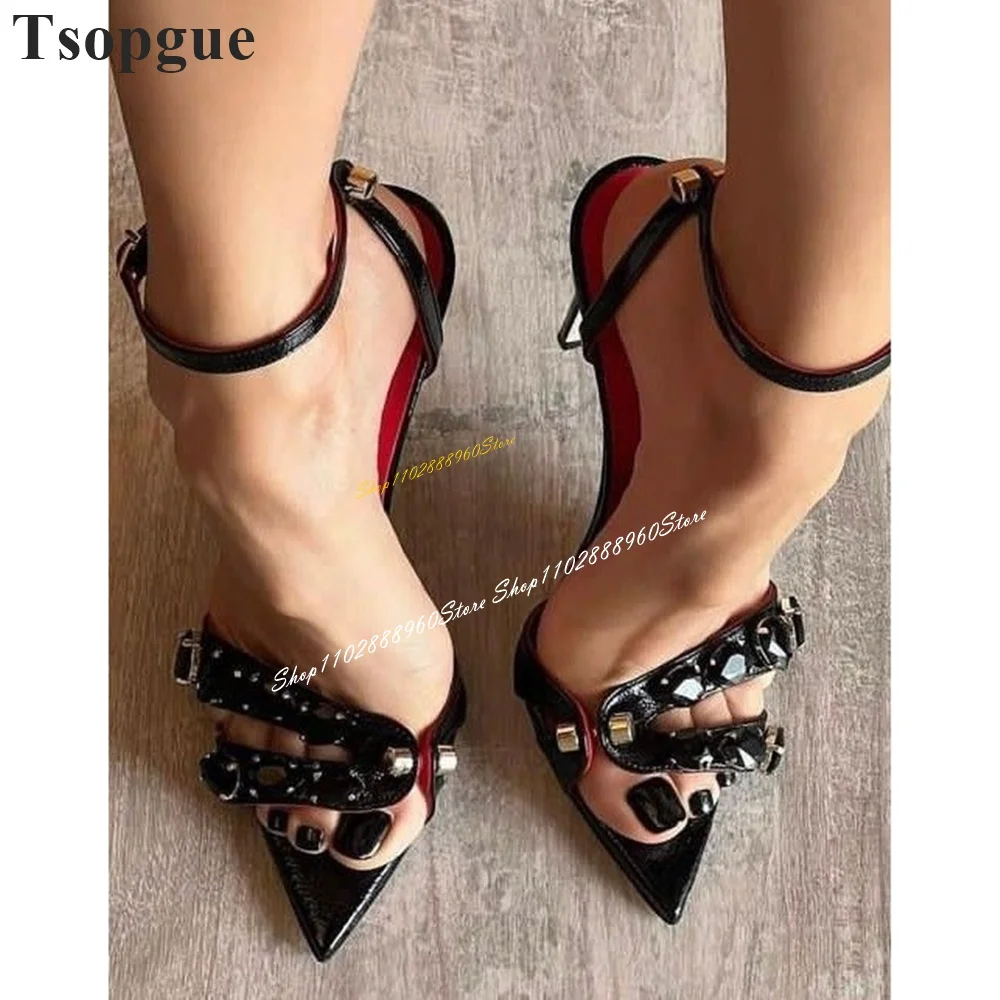 Stilvolle schwarze flache Metall Kristall Sandalen dünne High Heel Frauen Schuhe Knöchel Schnalle Riemen offene Zehen 2024 sexy Zapatos Para Mujere