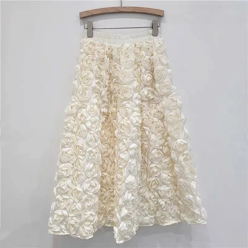 EWQ Casual Fashion 3D Flower Design All-match Loose Ball Gown Skirts High Waist Big Size Skirt Women 2024 Autumn New Tide