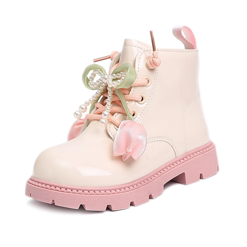 Little Girls Tulip Pearl Bow Boots, Glossy Color-Block Lace-Up Back Zipper Non-Slip Chunky Sole Princess Boots