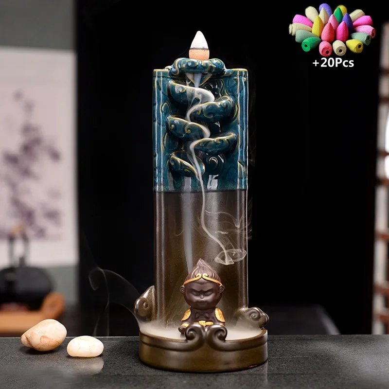 

Luxury Gift Waterfall Backflow Incense The Monkey King Holder Home Office Decor Handicraft Ceramic Censer