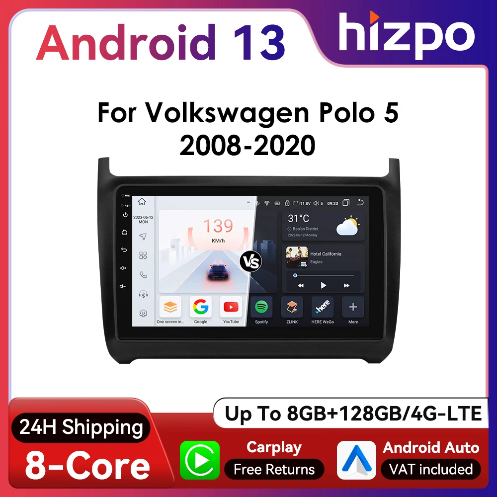 Hizpo 2Din 9-inch Android13 Car Radio for Volkswagen VW Polo 5 2008 - 2020 Headunit Navigation GPS Auto CarPlay BT RDS DSP