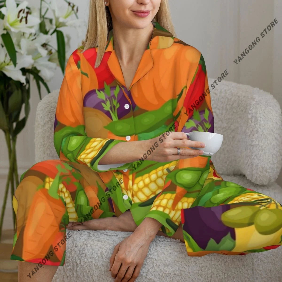 

Весенне-осенний пижамный комплект, женские брюки с длинными рукавами, комплект из двух предметов со свежим растительным принтом, комплект для домашнего интерьера
