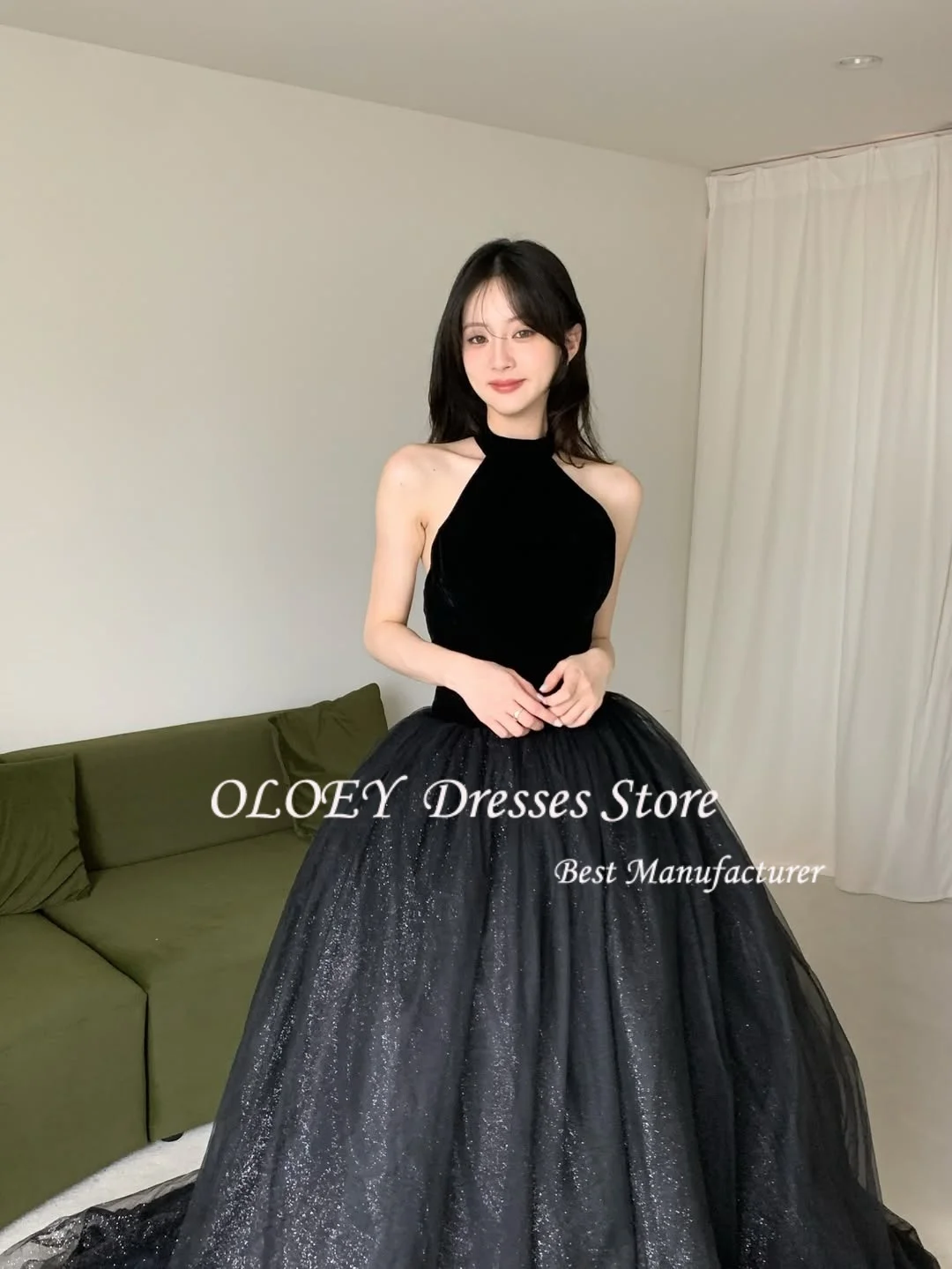 فستان OLOEY أسود على شكل حرف a مع رسن لامع للحفلات الراقصة من التول كوريا لحفلات الزفاف وأداء التقطت الصور ثوب مسائي فاخر مخصص