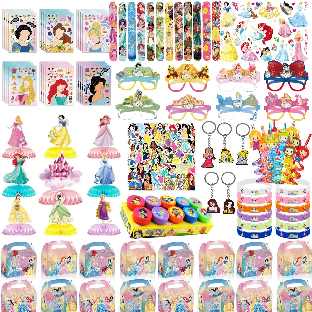 Disney Princess Party Girl Children Birthday Decor Toy Clap Bracelet Candy Box Tattoo Sticker Bracelet Glass Ring Seals Supplies