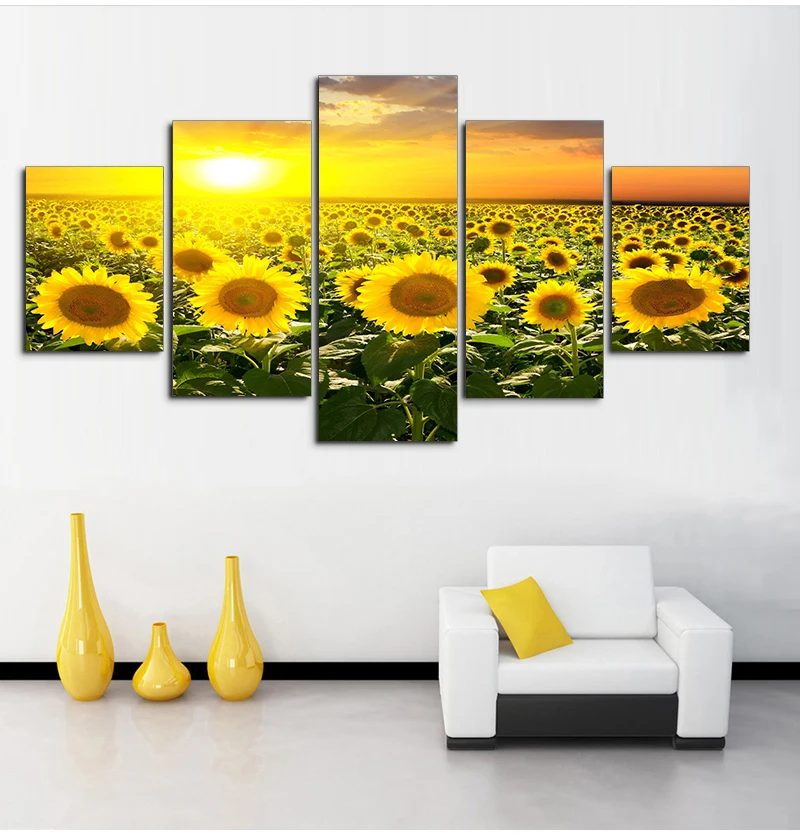 

HD Printed 5 Piece Canvas Prints Sunflower Sunset Canvas Painting Golden Flower Field Wall Pictures for Living Room Home Decor