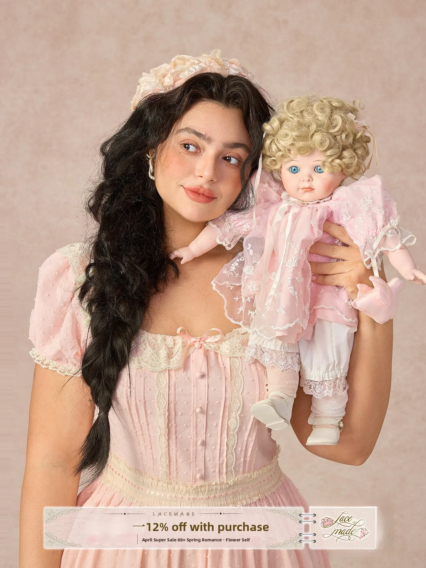 

Large Size Women's Sweet Pink Princess Dress Long Square Collar Lace A-Line Fairy Skirt Style Bubble Sleeve Casual Streetwear