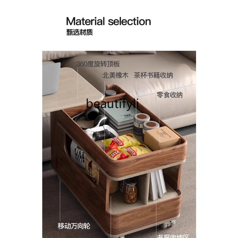 Solid Wood Lifting Tea Table Movable Trolley Side Table Black Walnut Household Rotating Bedside Cabinet image 6