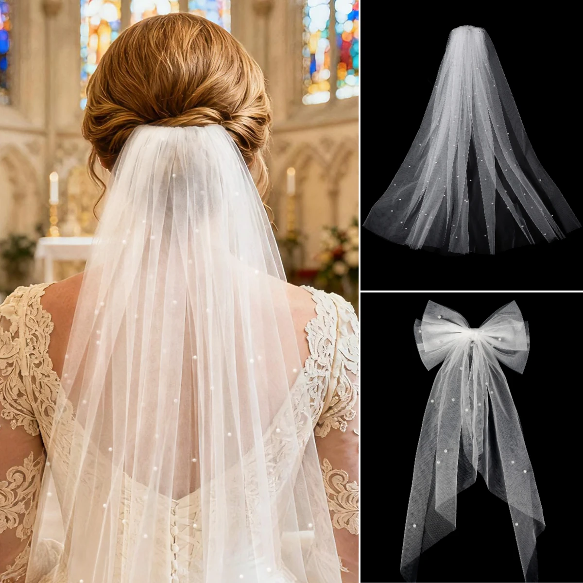 أزياء العاج الأبيض الزفاف شال الحجاب الدانتيل اللؤلؤ مطرز الحجاب إكسسوارات الشعر مع أمشاط حفل زفاف أغطية الرأس كهدايا