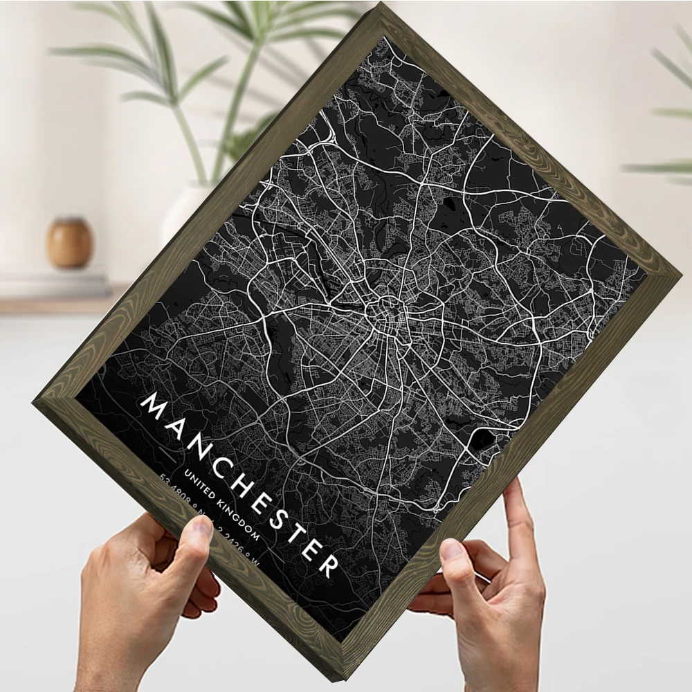 مانشستر مدينة خريطة الطباعة الداكنة ملصق تخصيص صور الرسم على لوحات القماش الجدارية هدية للحمام ديكور غرفة العصا ديكو