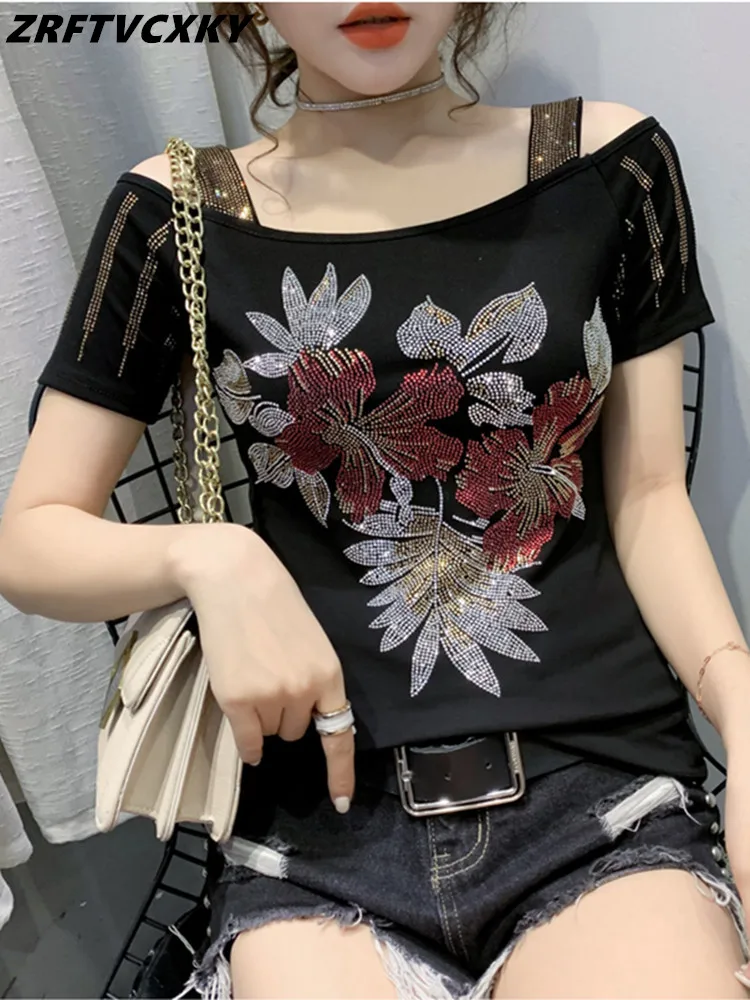 

Elegant Summer Fashion European Clothes T-Shirt Sexy Off Shoulder Shiny Diamonds Mesh Women Top All-Match Tees 2025 New Arrivals