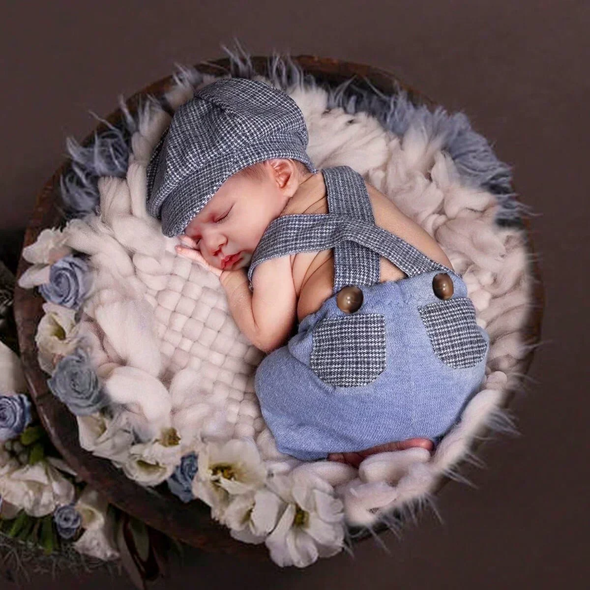 Little Gentleman Photography Outfits Newborn Boy Plaid Pocket Suspender Trousers with Casquette Infant Shooting Jumpsuit