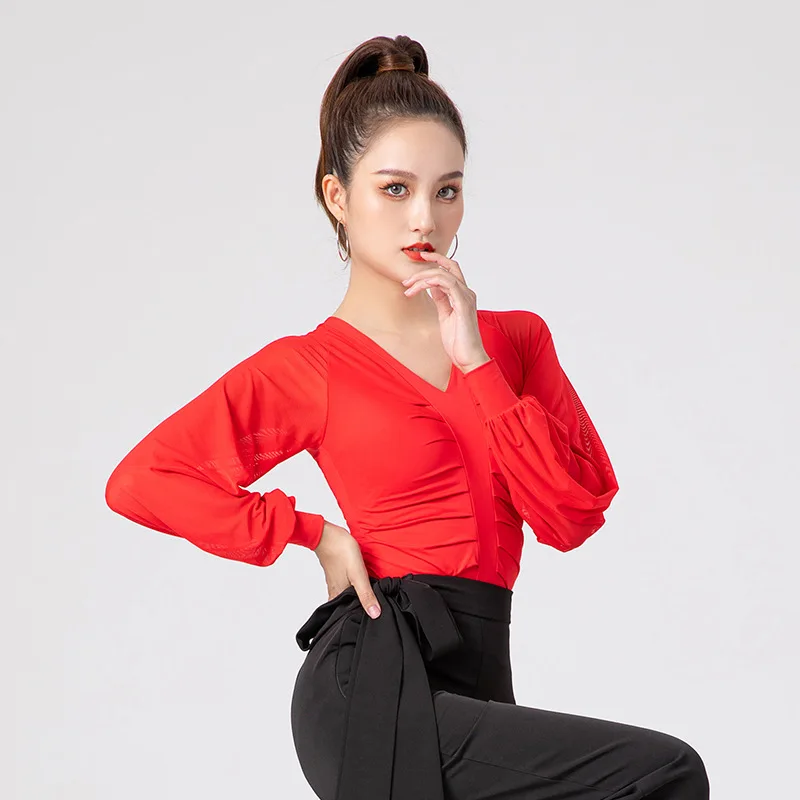 Ropa de práctica de baile latino para mujer, manga de linterna, Tops negros de baile moderno, disfraces de baile de salón, 1 lote