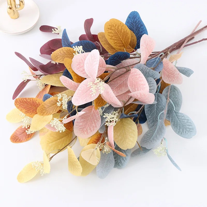 

10PCS.3-branch faux eucalyptus & apple leaves with fruits, lifelike silk flowers, perfect for wedding decor & home arrangement