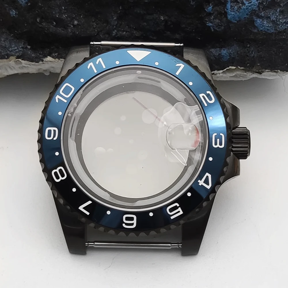 40mm Black PVD NH35 Case Back Transparent Glass Fit NH35/36 Movement Sapphire glass GMT Case Repair Parts