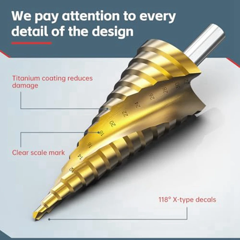 Conjunto de brocas passo, 3 peças de brocas passo de titânio, brocas cônicas métricas de 4mm a 32mm para metal, madeira, pvc
