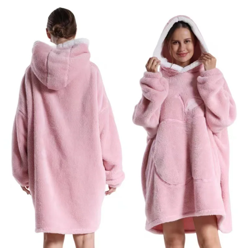 Extra Long Wearable Blankets Winter Flannel Hooded Blanket with Full Sleeves Men Women Cozy Soft Throw Adult TV Blanket