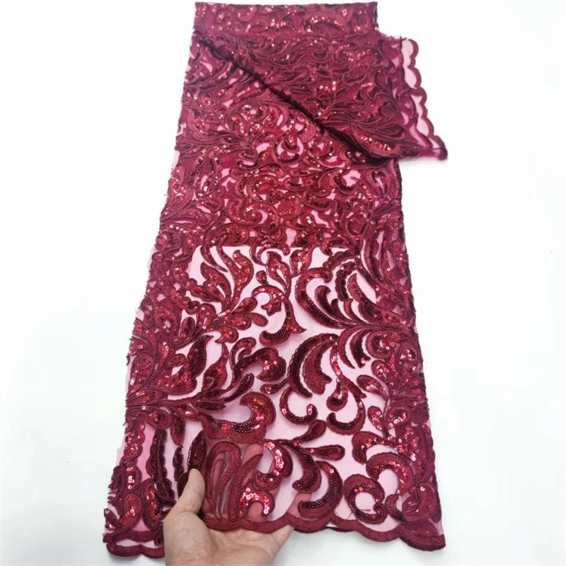 

Кружевная ткань с французским тюлем и жемчугом и блестками для женщин, африканская сетка, 3D-аппликация, пошив свадебного платья, красный, высокое качество