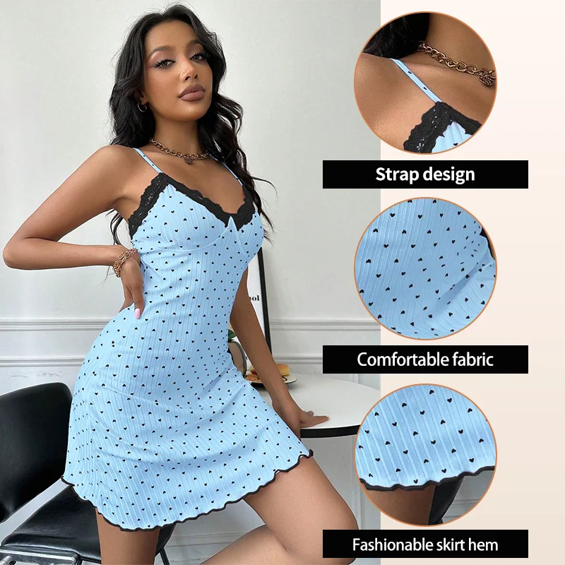 Women's Nightdress Sexy Love Pattern Lace V Neck Camisole Slim Fit Sleeveless Summer Pajamas Loungewear image 6
