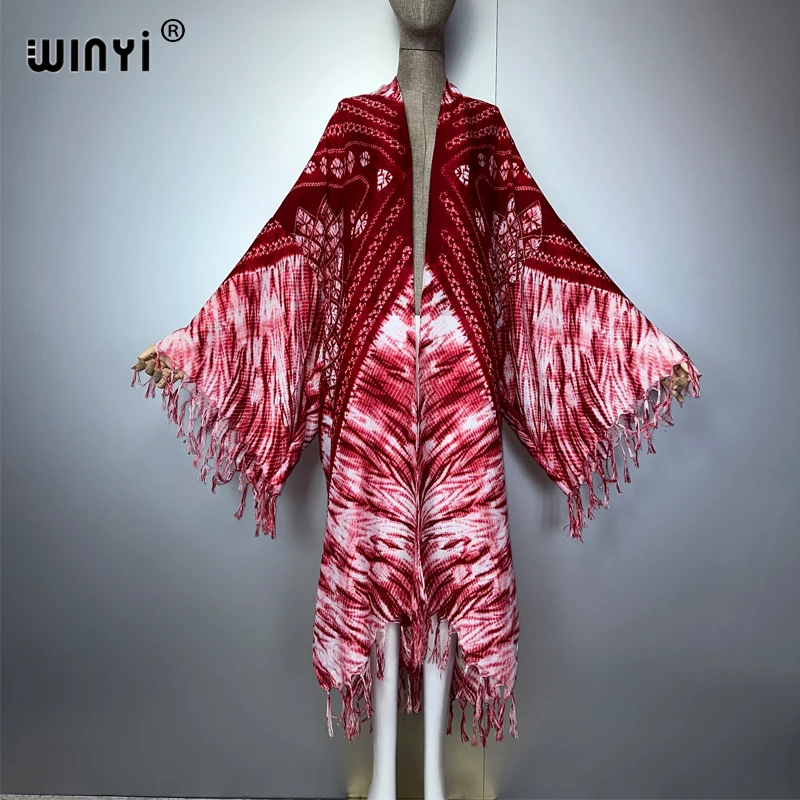 WINYI الصيف مهدب التعادل صبغ مطبوعة المرأة سترة فستان طويل أنيق بوهو فضفاض الشاطئ التستر كيمونو عباية دبي الفاخرة