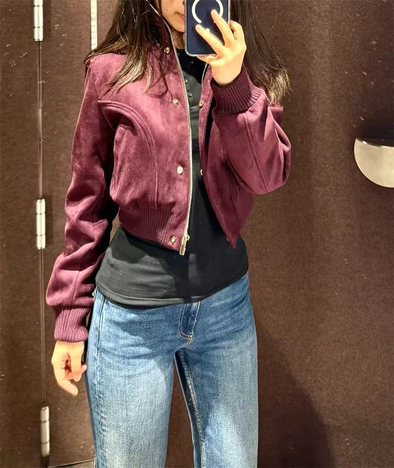 Guobioziy Women's Jacket 2026 Fall New Long-Sleeve Purple Stand Collar Suede Short Jacket Parka, Stylish and Trendy