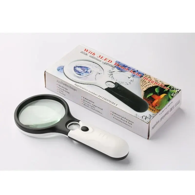 Handheld Double Lens 3x-45x Magnifier 3 Lights For Jewelry Appraisal Reading By Elderly 6902