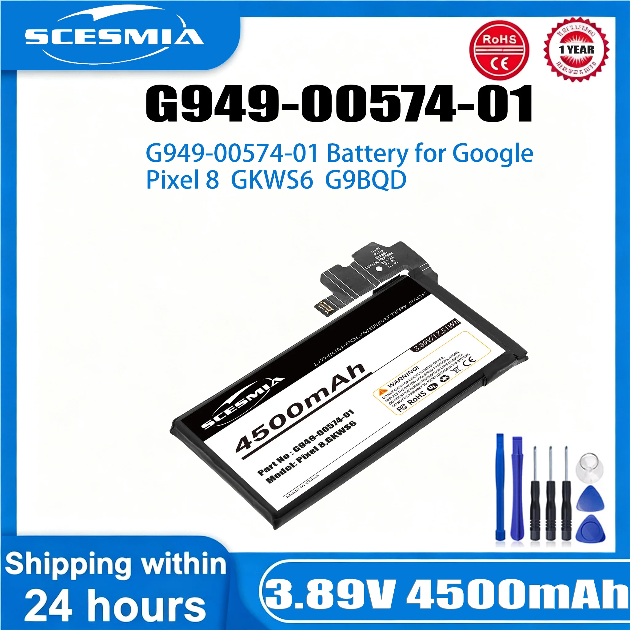 Mobile, SmartPhone Battery GS35E, G949-00574-01 for Google Pixel 8, GKWS6, G9BQD 3.89V 4500mAh