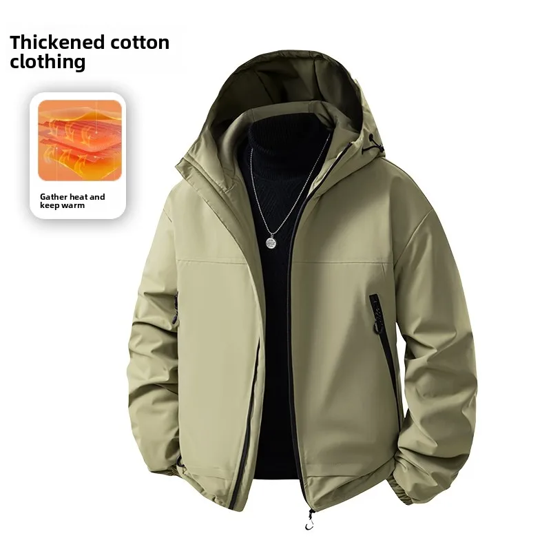 Kurtka z kapturem jesienno-zimowa wiatroodporna męska wodoodporna z długim rękawem zapinana na zamek ocieplana watowana kurtka płaszcz