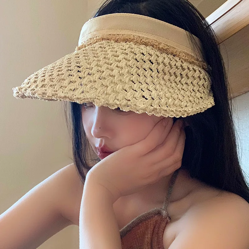 Straw Empty Top Sun Hats Women Girls Fashion Versatile UV Protection Hollow Out Summer Visors Outdoor Travel Vacation Beach Caps